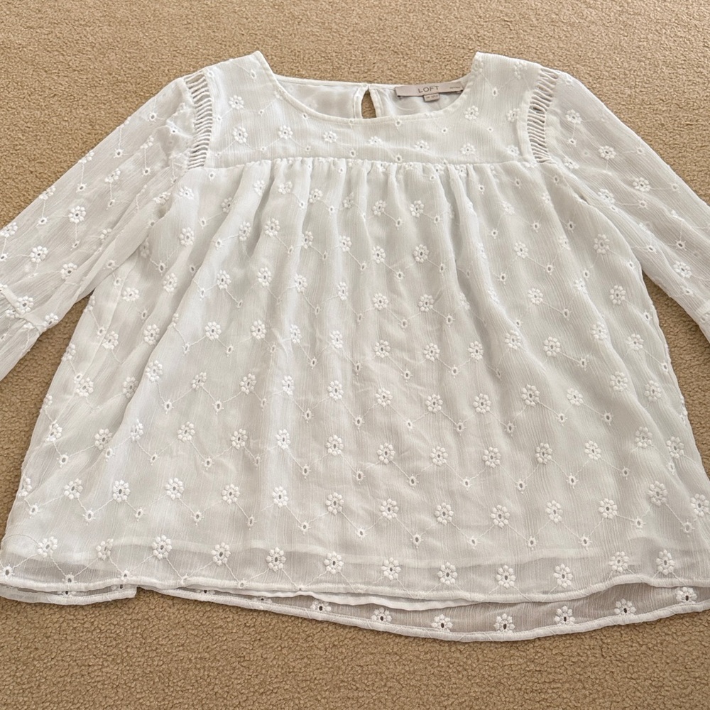 LOFT Ivory Floral Embroidered Blouse